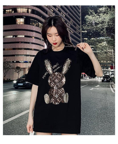 合わせやすい ビジュー ウサギ ロング Tシャツ ゆったり 半袖 ＜U-2887＞