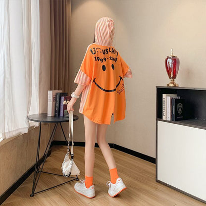 スタイルアップ効果抜群 ストライプ柄 アバンギャルド 切り替え レース プリント全2色 半袖Tシャツ<U-9111>