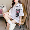 美人度アップ 折り襟 ワッフル ぬいぐるみ付き ロング Tシャツ ゆったり半袖 ＜U-2930＞