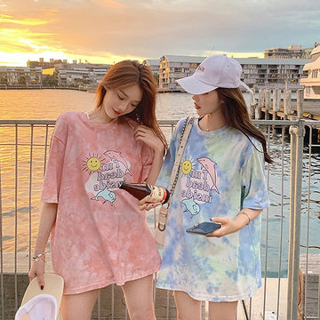 絶対欲しい キュート 話題沸騰中 絞り染め プリント 全2色 半袖Tシャツ<U-8759>