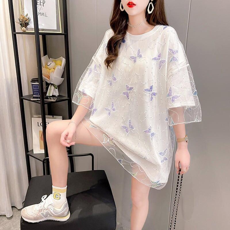 イントレンディなメッシュフェイクツーピースバタフライTシャツルーズトップ<U-2858>