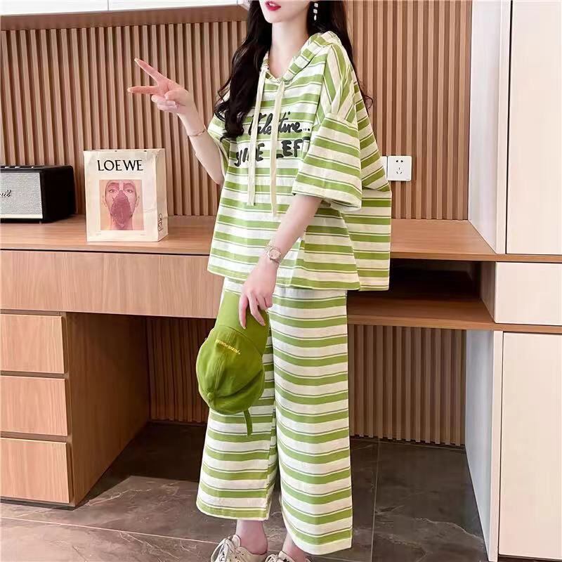着回し力抜群 ストライプ柄 絶対流行 2色 半袖Ｔシャツⅹパンツセット <U-8717>