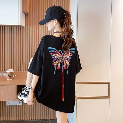 最新デザインセンス刺繍純綿ルーズ半袖Tシャツ<U-2949>