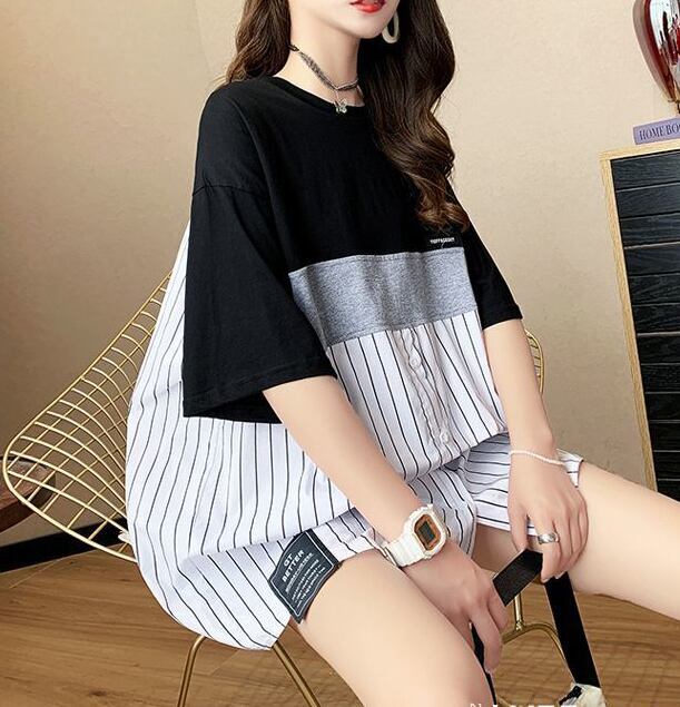 超人気 切り替え ストライプ柄 ラウンドネック プリント全2色 半袖Tシャツ<U-8741>