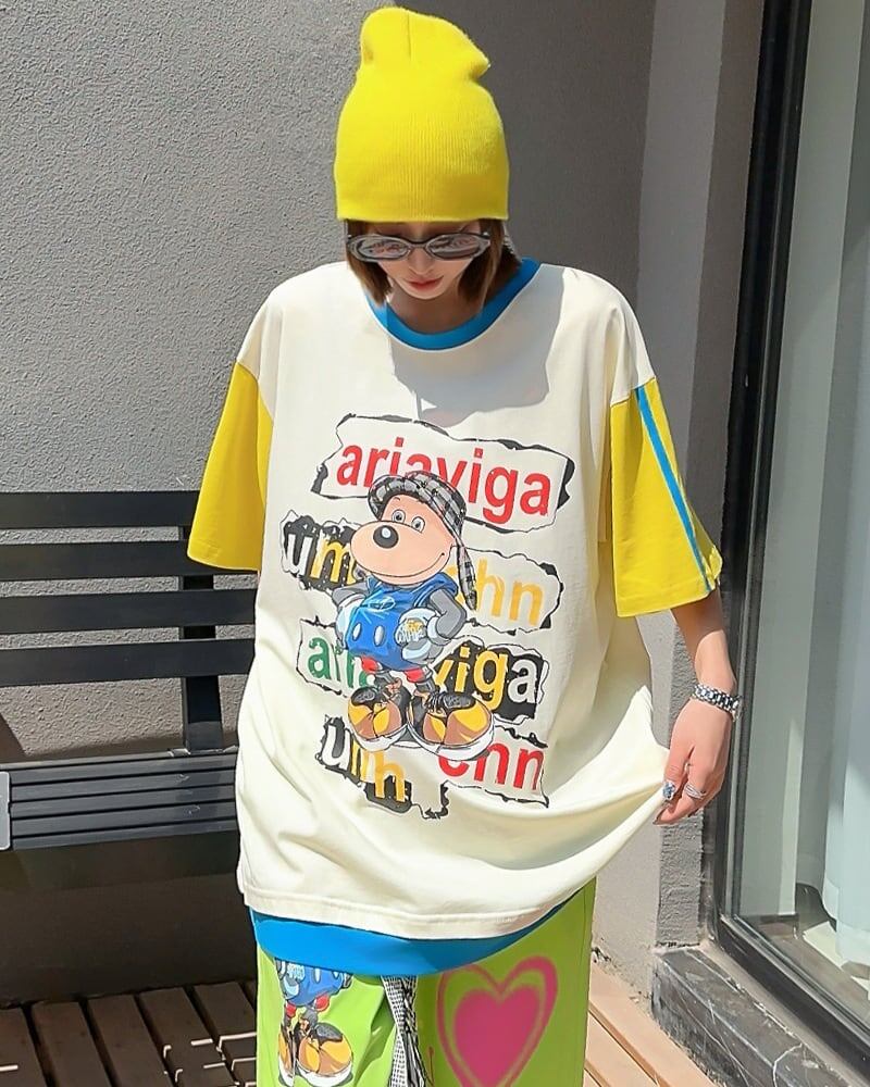 話題沸騰中 ゆったり カジュアル プリント カラーマッチング 半袖Tシャツ＜U-8067＞