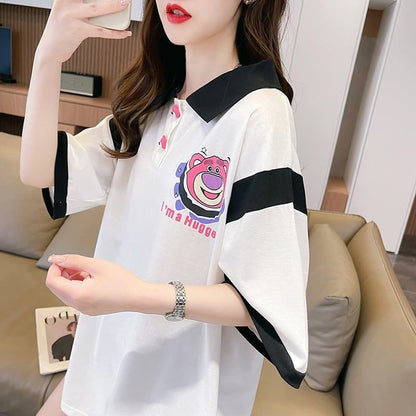 POLOネック 切り替え 熊柄 ロング プリント Tシャツ 二色 ゆったりワンピース ＜U-3020＞