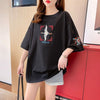 質感のいい 刺?Tシャツ ラウンドネック 白 黒 ゆったり半袖＜U-3013＞