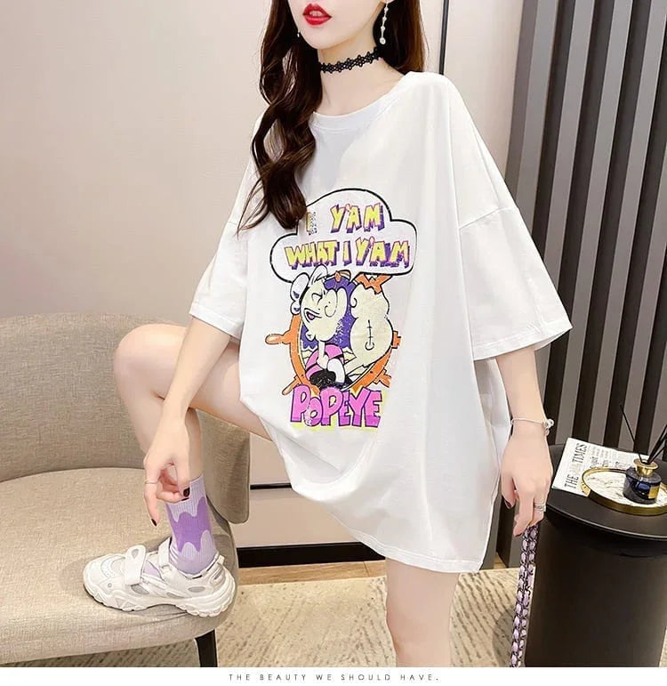 【半額！期間限定！！】グラフィック レース 透かし彫り ロング Tシャツ ゆったりワンピース ＜U-4021＞