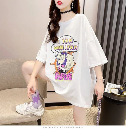【半額！期間限定！！】グラフィック レース 透かし彫り ロング Tシャツ ゆったりワンピース ＜U-4021＞