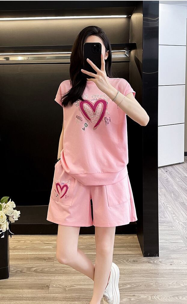 超人気 ホットダイヤモンド カジュアル プリント 半袖Tシャツ ショートパンツ セットアップ ＜U-9215＞