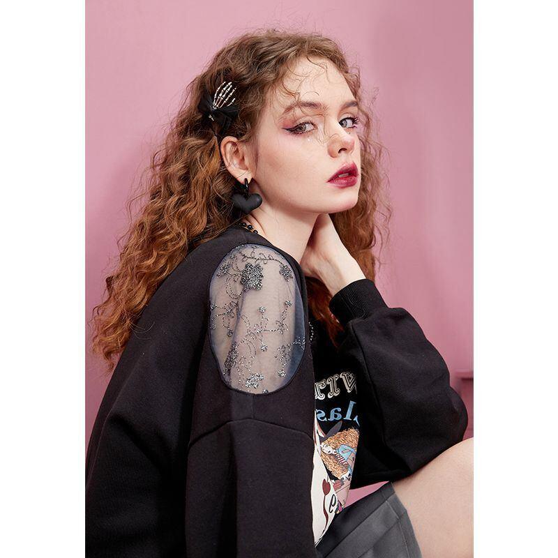 ファッショングラフィックプリントブラックスウェット長袖Ｔシャツ<U-4281>