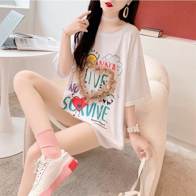デザイン感 切り替え チャーミング プリント Tシャツ カットソー＜U-3529＞