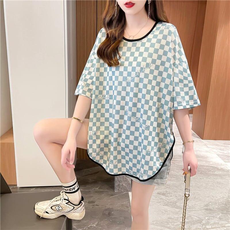 好感度満載 ラウンドネック 女性力を高める チェック柄 Tシャツ カットソー＜U-2985＞