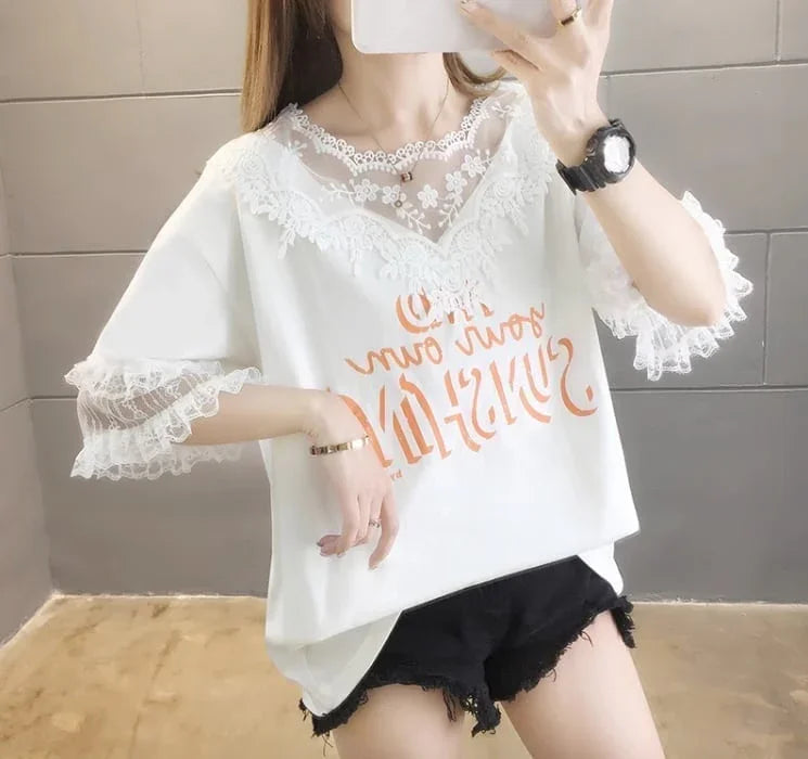 エレガントなレースステッチ半袖Tシャツ<U-3030>