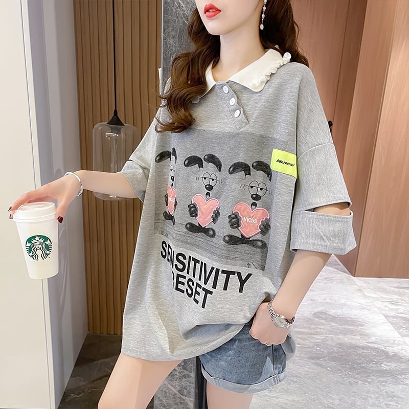 夏新作 アルファベットプリント POLOネック ロング Tシャツ ゆったりワンピース ＜U-3038＞