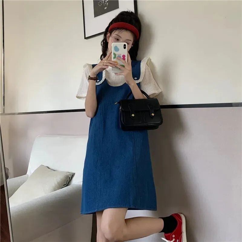 美人度アップ デニム 大人可愛い 全2色 半袖Tシャツ+サスペンダースカート セット<U-8782>