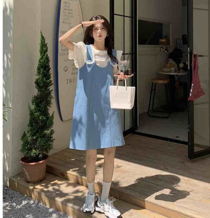 美人度アップ デニム 大人可愛い 全2色 半袖Tシャツ+サスペンダースカート セット<U-8782>