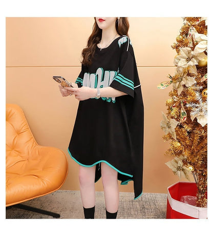 おしゃれ度アップ アルファベット フィッシュテール プリントTシャツ ゆったり半袖＜U-3012＞