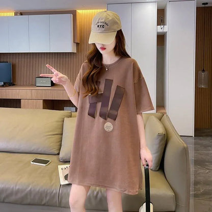 ファッション ロング プリントTシャツ 丸襟 半袖＜U-2807＞