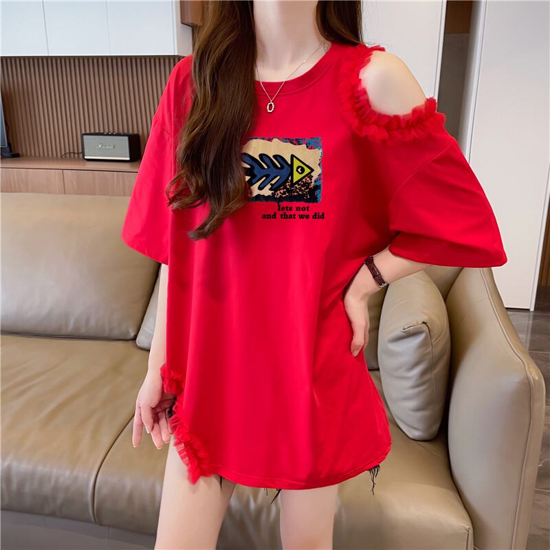 おしゃれ度高め レース 美人度アップ 切り替え プリント全4色 Tシャツ カットソー＜U-9213＞