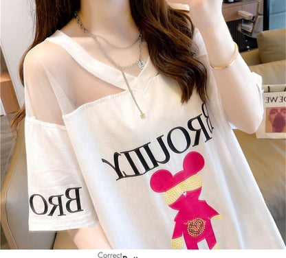 売り切れ必至 Vネック セクシー 切り替え チュール プリントTシャツ ゆったりワンピース ＜U-3050＞