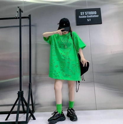 売り切れ必至 ゆったり ファッション感満々 ロング丈 3色半袖Tシャツ＜U-9086＞