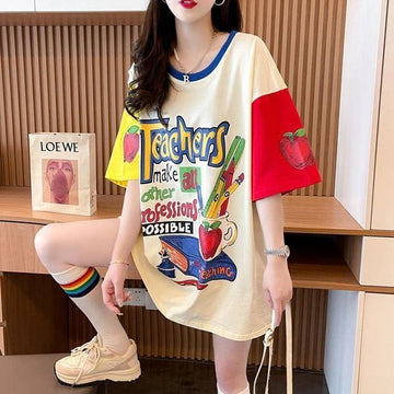 おすすめ アルファベット 個性派 プリントTシャツ ゆったり半袖＜U-8090＞