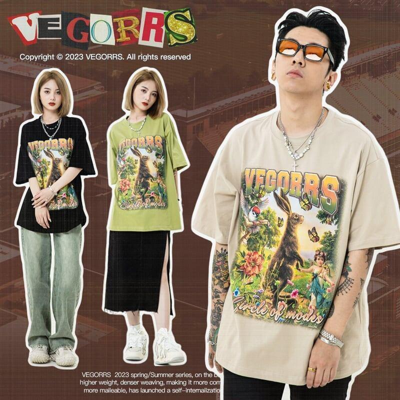 アメリカンレトロ絵画ウサギ半袖Tシャツカップル男女同スタイル<U-2910>