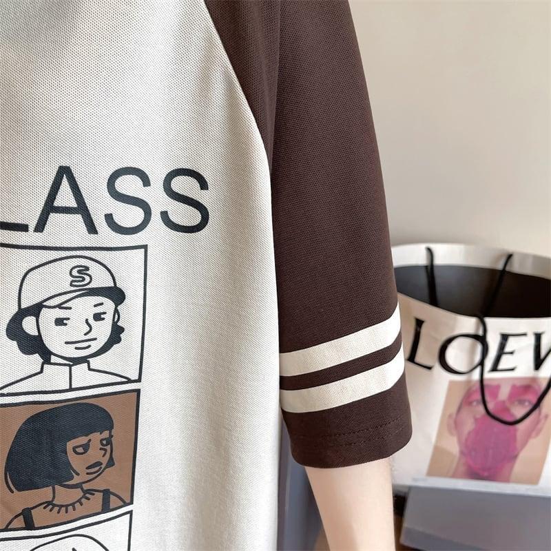 早い者勝ち グラフィック POLOネック プリント ロング ラグランTシャツ ゆったりワンピース＜U-4027＞