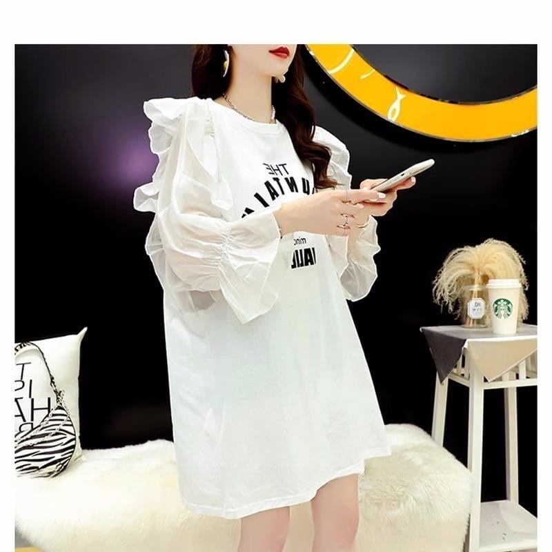 女子力アップ アルファベット パフスリーブ プリント ロングTシャツ ゆったりワンピース ＜U-3054＞