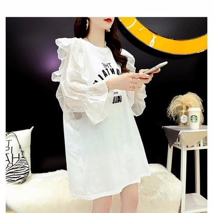 女子力アップ アルファベット パフスリーブ プリント ロングTシャツ ゆったりワンピース ＜U-3054＞