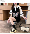 POLOネック プリント バタフライ ロング ラグランTシャツ ゆったりワンピース ＜U-3023＞