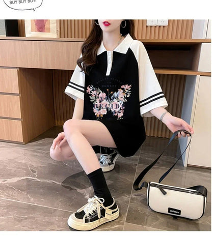 POLOネック プリント バタフライ ロング ラグランTシャツ ゆったりワンピース ＜U-3023＞