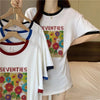 着せ 配色 プリント ロング Tシャツ 四色 ゆったり半袖 ＜U-3019＞