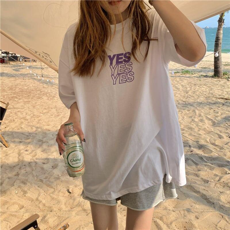 着心地良い プリント アルファベット ロング Tシャツ ゆったり半袖 ＜U-2851＞