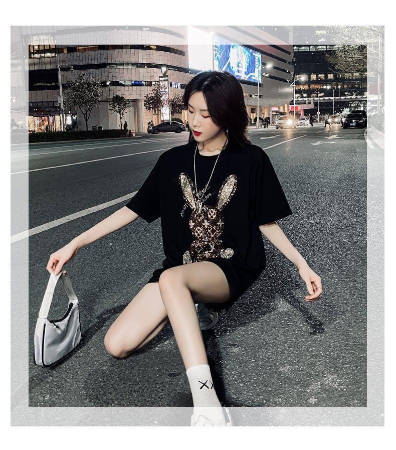 合わせやすい ビジュー ウサギ ロング Tシャツ ゆったり 半袖 ＜U-2887＞