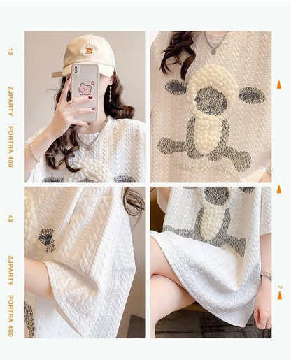 高級立体ハンドビーズコットン半袖Tシャツ<U-2998>