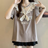 超人気 レース スウィート 切り替え プリント 3色選択 半袖Tシャツ＜U-8825＞