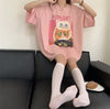 スウィート プリント 可愛いネコちゃん Tシャツ ピンク ゆったり半袖＜U-2973＞