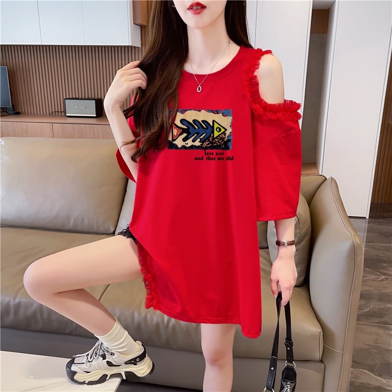 おしゃれ度高め レース 美人度アップ 切り替え プリント全4色 Tシャツ カットソー＜U-9213＞