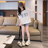 新商品 ゆったり カジュアル プリント オープンショルダー 2色 半袖Tシャツ＜U-8282＞