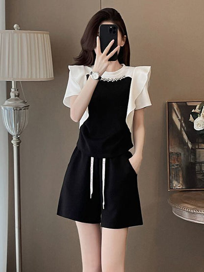 新商品 ホットダイヤモンド 絶対欲しい 切り替え 半袖 Tシャツ ショートパンツ セットアップ<U-8864>