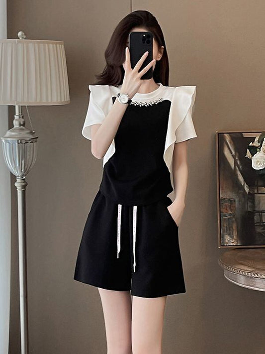 新商品 ホットダイヤモンド 絶対欲しい 切り替え 半袖 Tシャツ ショートパンツ セットアップ<U-8864>