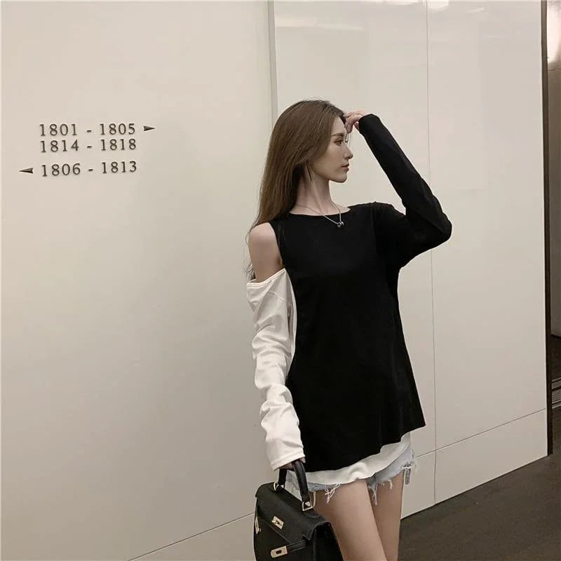 ファッション 高級感溢れた ラウンドネック 切り替え 配色 Tシャツ カットソー＜isf-2346＞