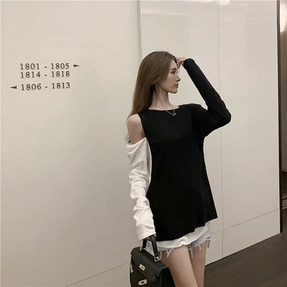 ファッション 高級感溢れた ラウンドネック 切り替え 配色 Tシャツ カットソー＜isf-2346＞