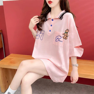 POLOネック ポケット ベアー レース ロング Tシャツ 三色 ゆったりワンピース＜U-3991＞