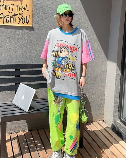 話題沸騰中 ゆったり カジュアル プリント カラーマッチング 半袖Tシャツ＜U-8067＞