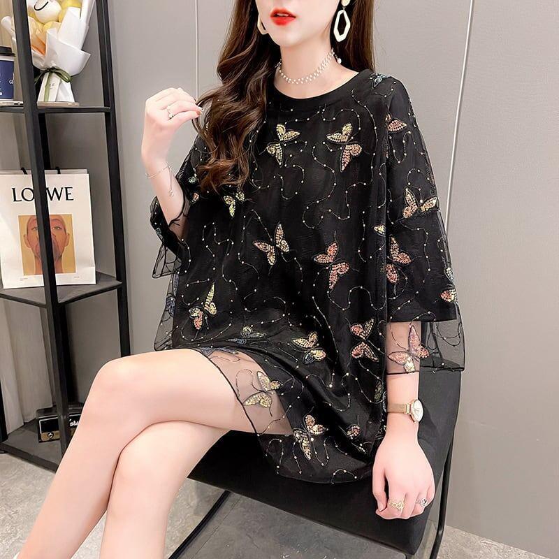 イントレンディなメッシュフェイクツーピースバタフライTシャツルーズトップ<U-2858>