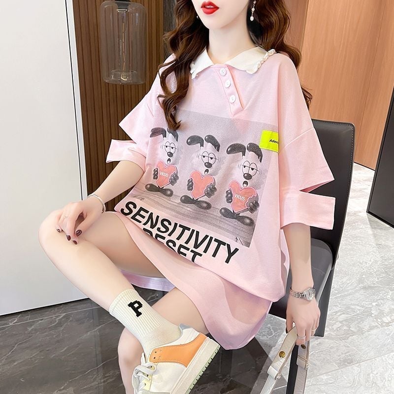 夏新作 アルファベットプリント POLOネック ロング Tシャツ ゆったりワンピース ＜U-3038＞