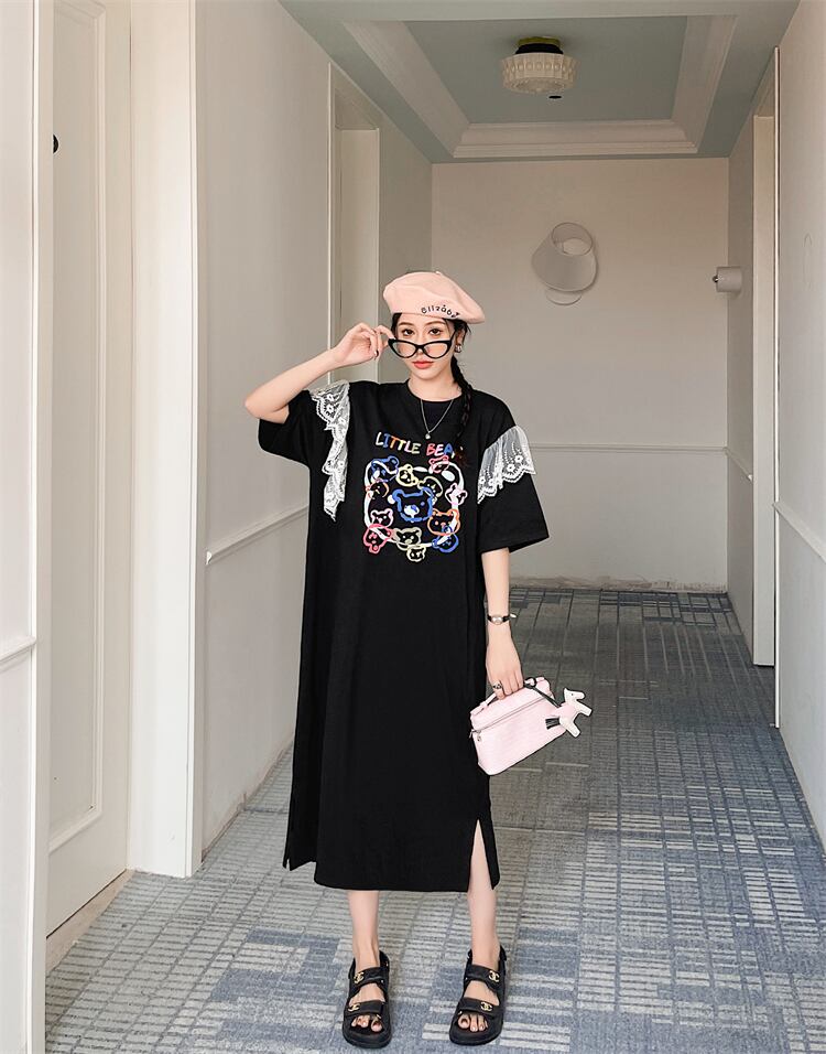 おすすめ レース ファッション 切り替え プリント Tシャツ カットソー ワンピース＜U-8535＞